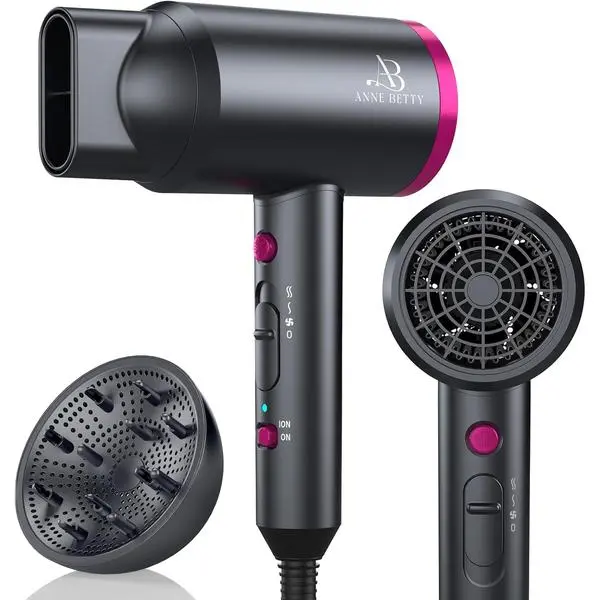 ANNE BETTY Ionic Hair Dryer with Diffuser, Powerful Blow Dryer for Women & Men, Fast-Drying Hair Dryer with Nozzle for Home, Salon, Travel