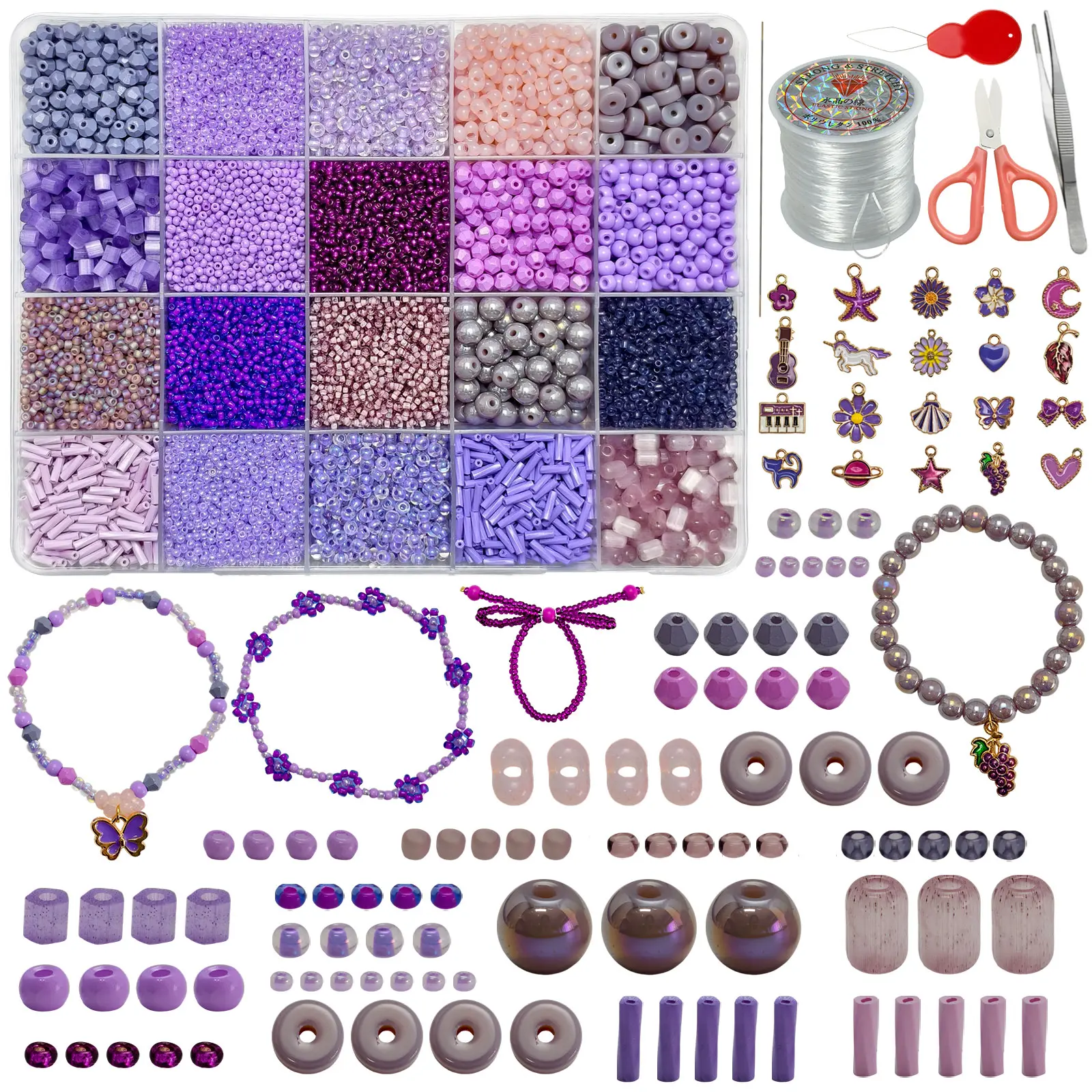 DIY Beading & Jewelry Making Kit for Beginners - 12183 Multi-Size Purple Glass Beads Storage Box with Seed, Tube, Round Beads, Metal Charms, Elastic String, Scissors, Tweezers for Bracelets, Handmade Gifts, Endless Creative Possibilities
