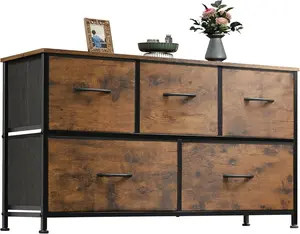 Dresser for Bedroom with 5 Drawers, Wide Chest of Drawers, Fabric Dresser, Storage Organizer Unit with Fabric Bins for Closet, Living Room, Hallway, Rustic Brown Wood Grain Print