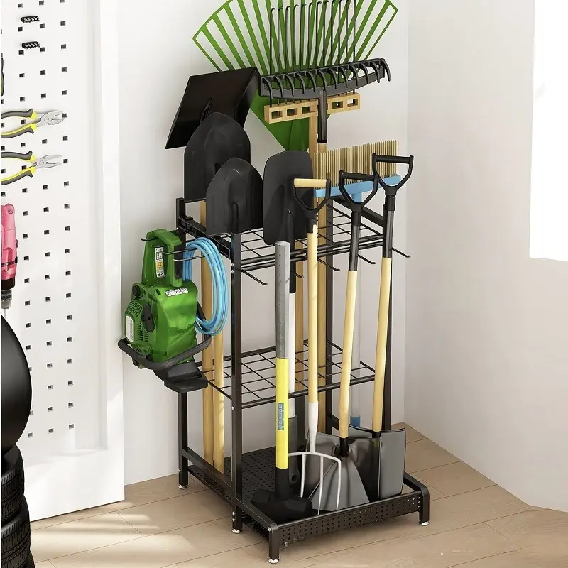 New Arrival Steel Tool Holder Organizer Rack with Side Storage Hooks, Freestanding Tool Caddy, Holds Over 50 Gardening Items, Multi-Purpose Storage for Garage, Outdoor Patio, Home Organization Storage