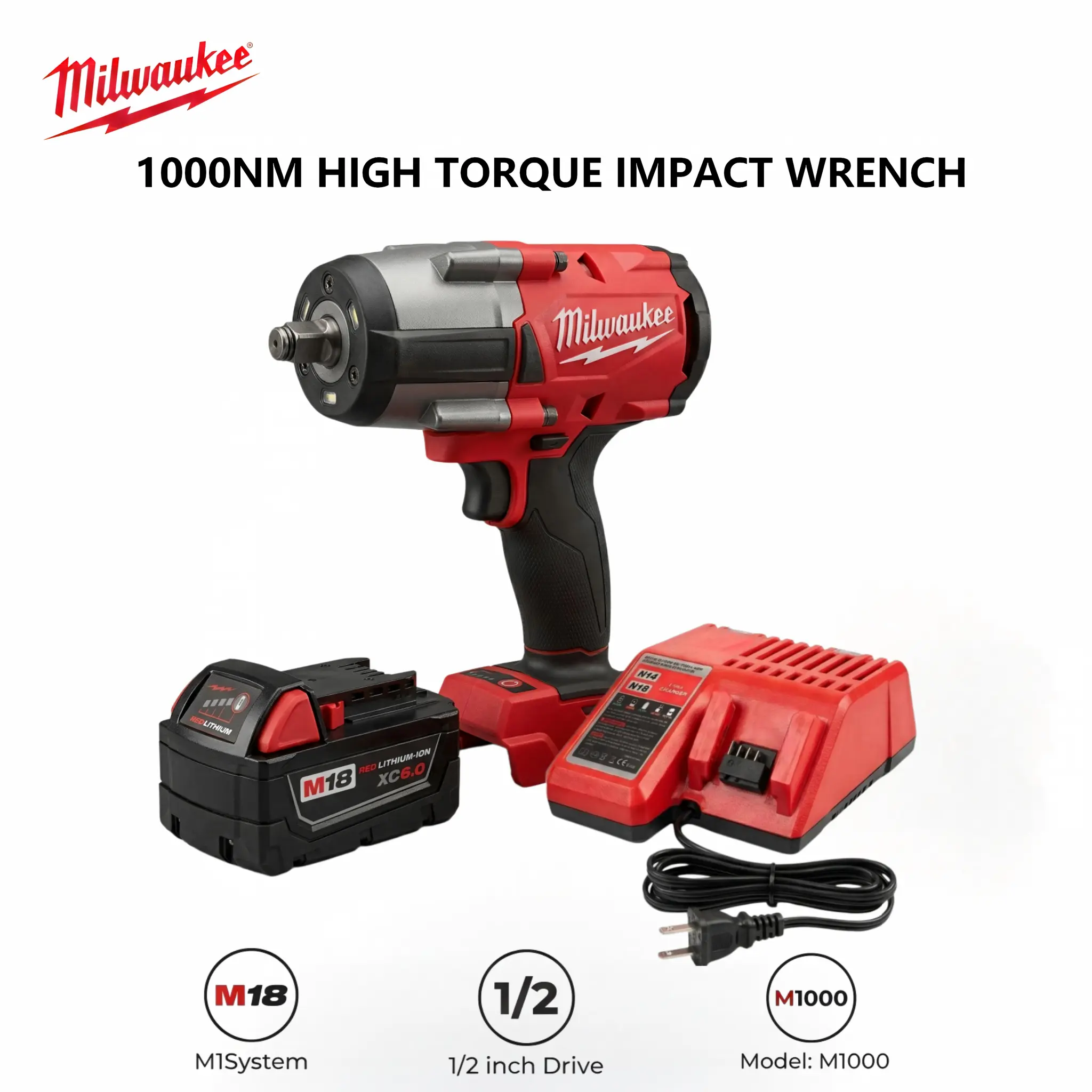 Milwaukee FMTIWF12 1/2 in Cordless Impact Wrench - 1000Nm Torque, 3 Adjustable Speed & Impact Modes, Compact Lightweight Tool for Heavy Truck Maintenance, Large Bolt Tightening Removal with High Rapid Charger, Three Speeds