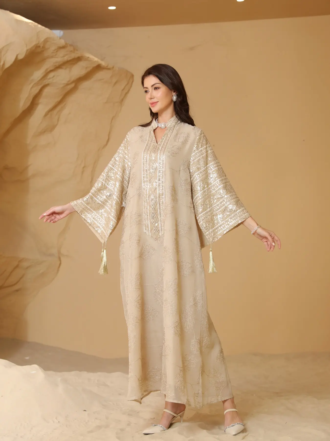Women's Embroidery Long Sleeve Woven Fabric Dress Robe,Elegant Modesty Dress Chic Fringe Trim Arabic Womenswear Clothing Garment for Party Evening Formal Occasions,Ladies Clothes for All Seasons