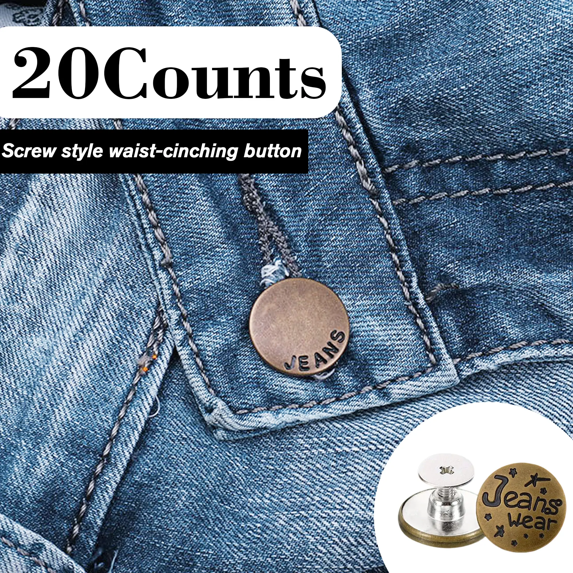 20 Counts No Sew Replacement Jean Buttons, Metal Snap Fasteners Kit with Screwdriver for Pants and Denim, Random Styles