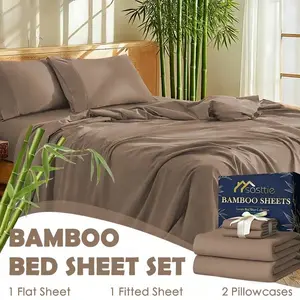 4PCS Bamboo Bed Sheet Set - Cooling Soft Breathable Bedding, Deep Pocket Fitted Sheet, Wrinkle Resistant, Queen/King Size
