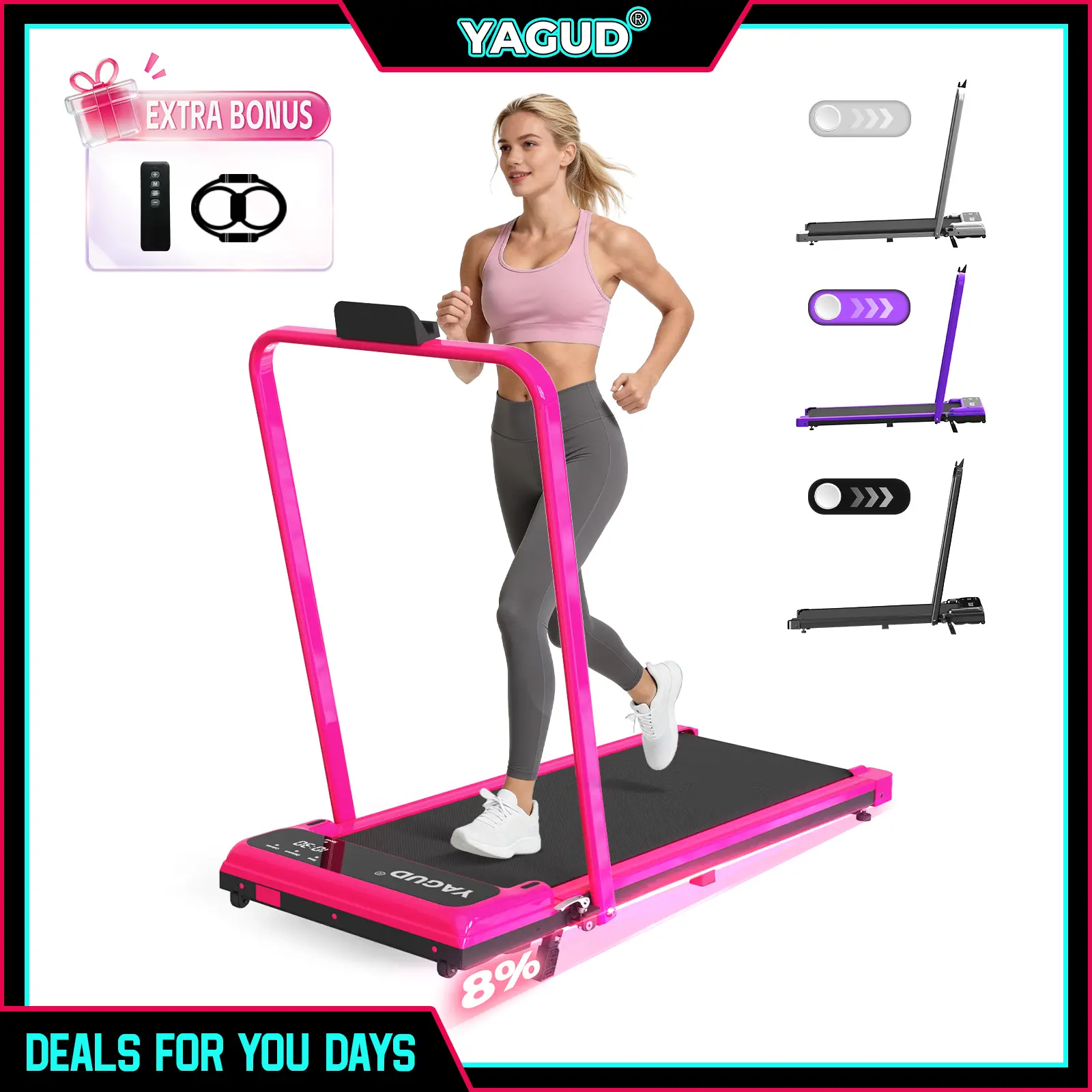 YAGUD Incline Handrail Walking Pad for Home, Under Desk Treadmill with Manual Incline, Remote Control, LED Display, 330 lbs Weight Capacity