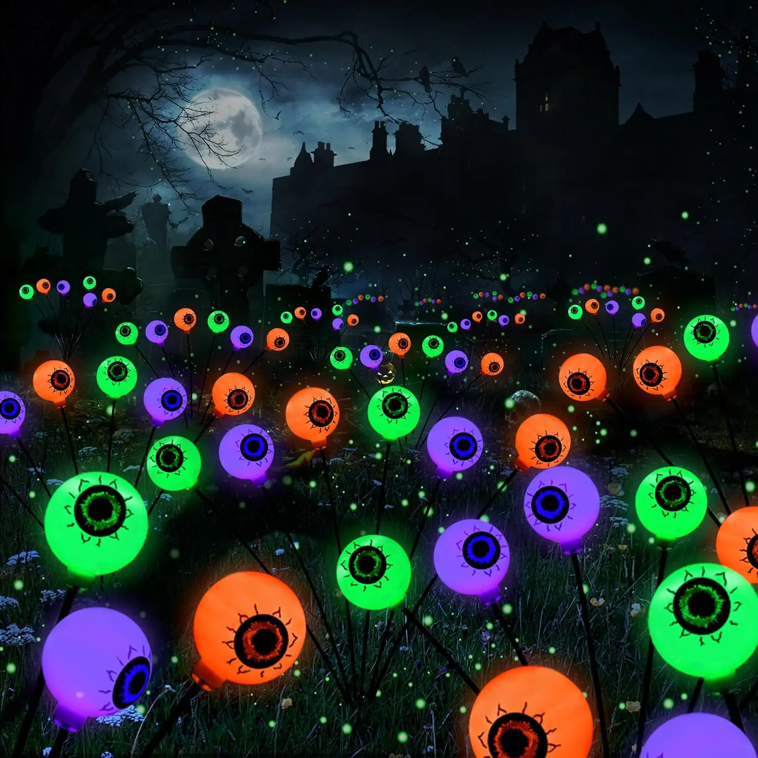 BrizLabs Solar Halloween Lights, 2 Pack 12 LED 2 Modes Halloween Eyeball Lights, Outdoor Pathway Light, Swaying Eye Firefly Walkway Lighting, Green Solar Lighting for Path Yard Garden Lawn,dorm essentials,home decor,home essentials,camping essentials