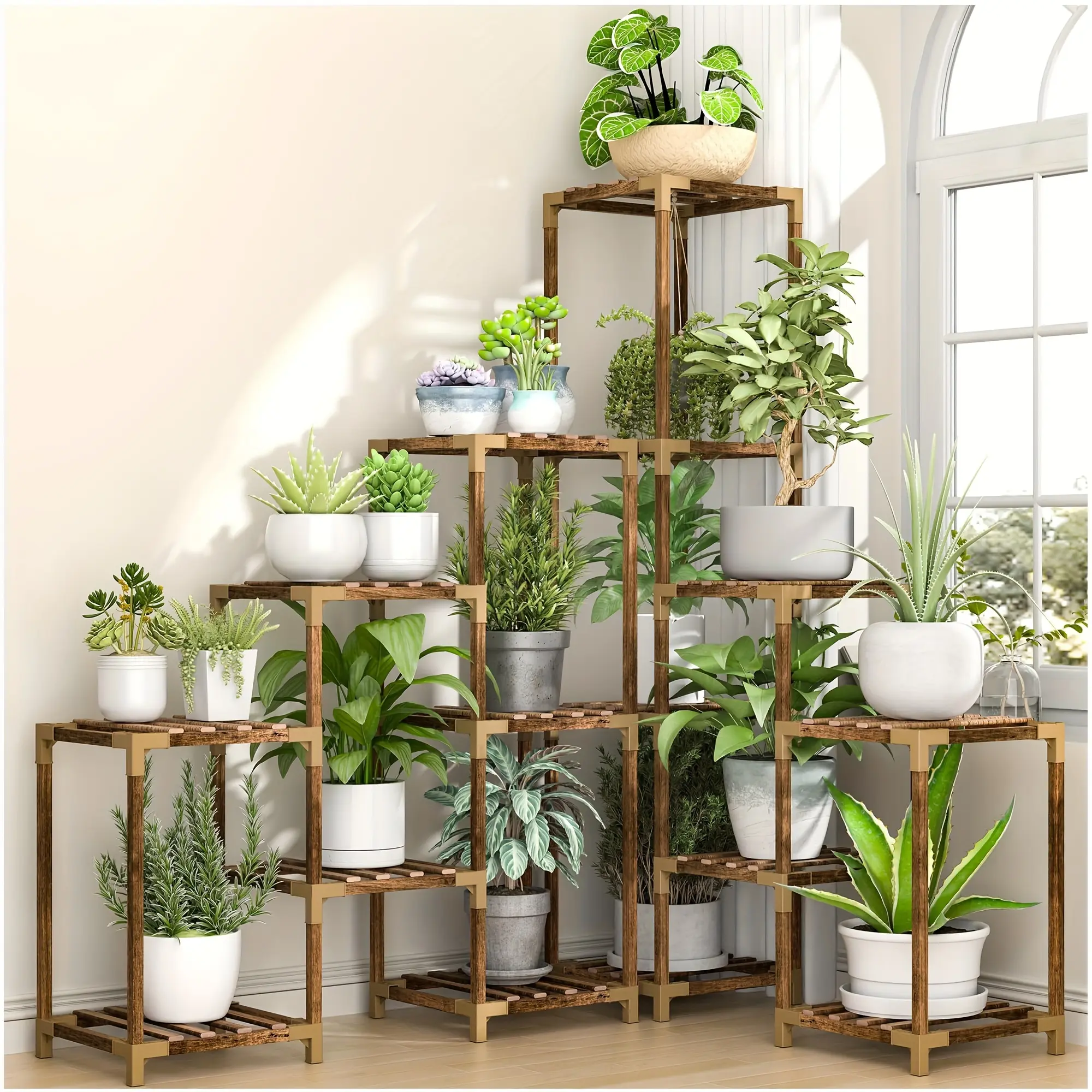 71" Tall Carbonized Wood Garden Planter Stand - Modern Industrial 350 lbs Heavy-Duty Multi-Tiered Corner Plant Shelf, 70.8"(w)x47"(h)x12"(d), Tool-Free Setup, 1x Glove Set for Indoor Outdoor Home Decor