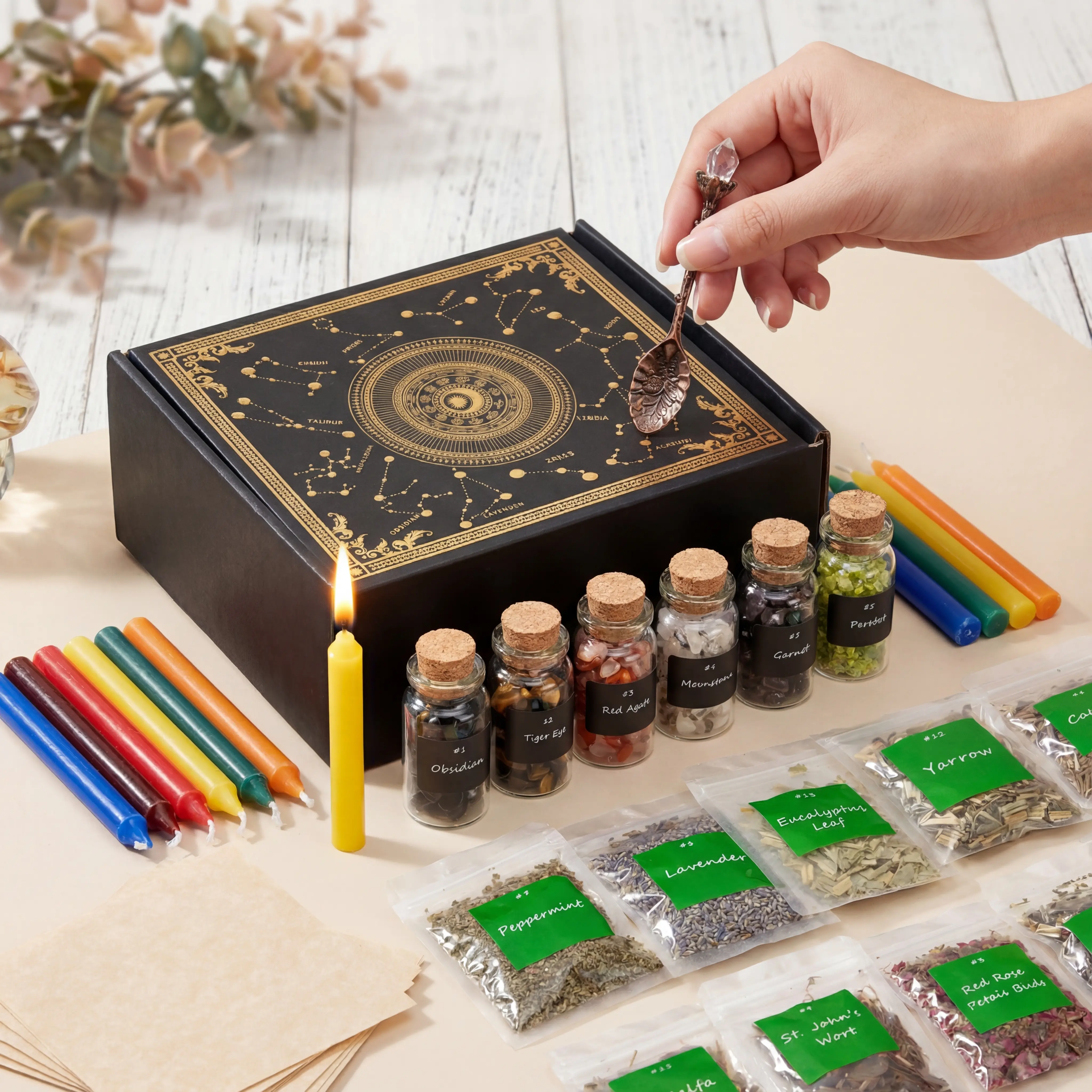 Magical Witchcraft Beginner Tool Kit (48-Piece) - 15 Crystals, 15 Organic Herbs, 12 Zodiac Candles, Glass Items & Ritual Supplies, Witchy Things Gift Basket for Spells & Home Decor