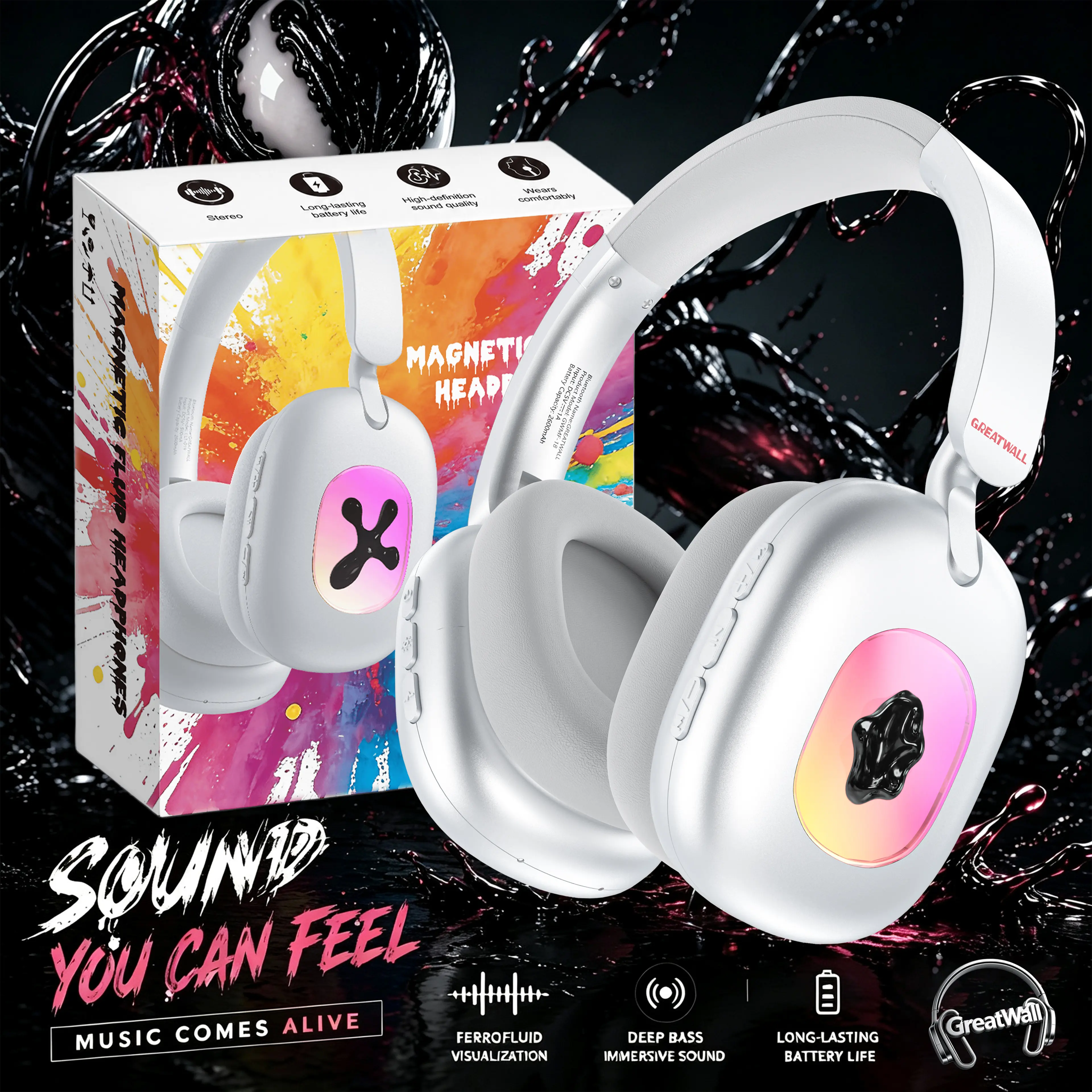 GreatWall Ferrofluid Over-Ear Bluetooth Headphones, RGB Music-Reactive Lights, Transparent Design, USB-C Charging, High-Quality Audio, Gift Box Included