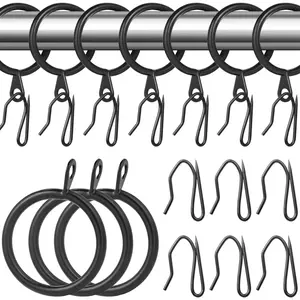 32 Pieces Metal Drapery Curtain Rings Curtain Hanging Rings and 32 Pieces Metal Curtain Drapery Pin Hooks for Window Door Shower Curtain, 30 mm/1.18 inch Internal Diameter (Black)