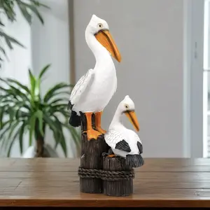 Pelican Mother and Child Figurine, Realistic Style Home Decor, Natural Aesthetic Display, Faux Fur Texture, Wood Stake Rope Details, Home Decor Statue