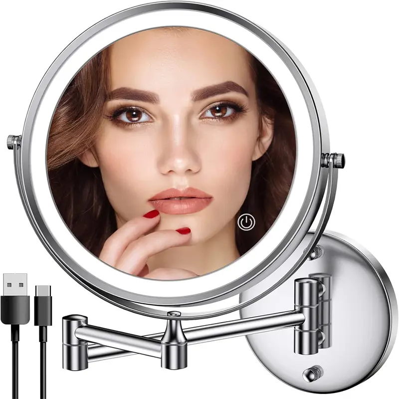 8-in Chrome Rechargeable Wall-Mounted LED Makeup Mirror, Double-Sided HD Vanity Mirror with 1X/10X Magnification, 3 Color Touch-Screen Dimmable Lights, 360° Swivel, 13-in Extendable, Easy Installation, Golden Accent, Christmas/Friend Gift Option