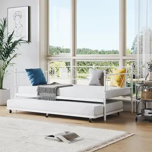 Gaomon Minimalist Twin Daybed with Iron Build, Twisted Heart-Shape Headboard, Wheeled Trundle and Metal Slats, Multifunctional Mattress Foundation Platform Sofa Bed for Bedroom, Living Room