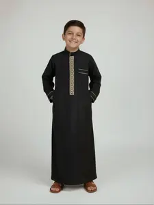 Muslim Traditional Boy Thobe Robe Embroidered Stand Collar, Long Sleeve Side Pockets, Suitable for 8-12 Years, Comfortable Fashion