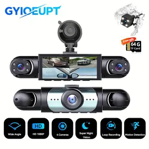 4-Channel In-Car Dashboard Camera: 1080p Full HD (Rear, Left, and Right: 720p) | 360° Omnidirectional Wide-Angle Dash Cam with Automatic Overwrite of Oldest Footage; Includes a Free 64GB Memory Card