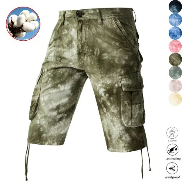 Men’s tie-dye cargo seven-eighths pants with multiple pockets—relaxed American casual style. Crafted from thick, smooth cotton fabric that feels substantial yet flows well. Clean, tailored cut that resists slouching and maintains a neat look. Drawstring c