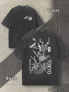 1pc 230G Double-Sided Washing Unique Flower & Bird Print T-Shirt High-Quality Wax Printed Cotton Retro Fashion Brand T-Shirt Suitable for Summer y2k Vintage Streetwear Christmas Gift Thanksgiving Gift Cyber Monday