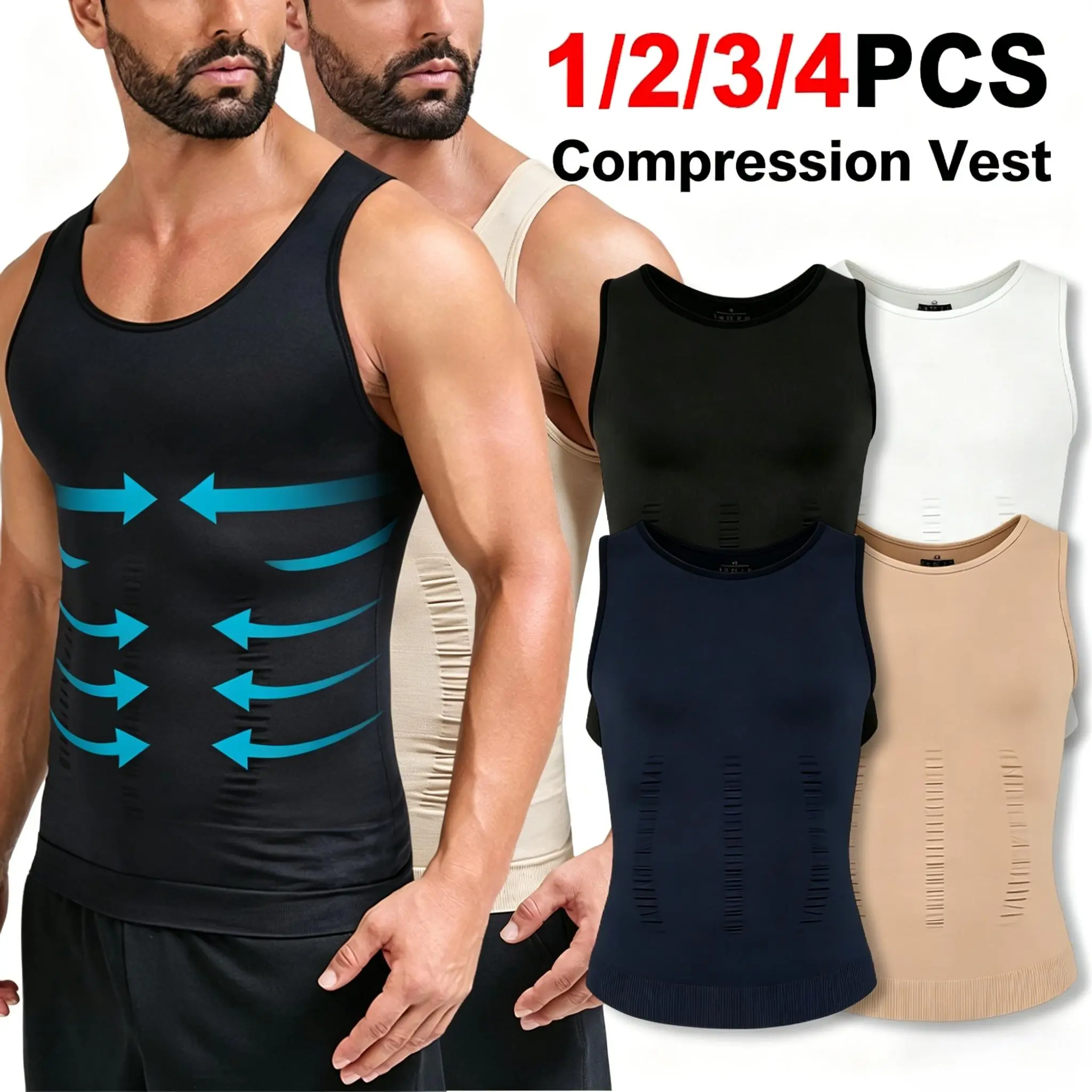 1/2/3/4PCS Men's Compression Vest Tummy Control Undershirts Shaping Vest,Men Sleeveless Shirt Shapewear, Sport Vest,Men Breathable Round Neck Compression Tank Top Men Shirt For Running Workout Fitness Basketball,Menswear Underwear For All Seasons