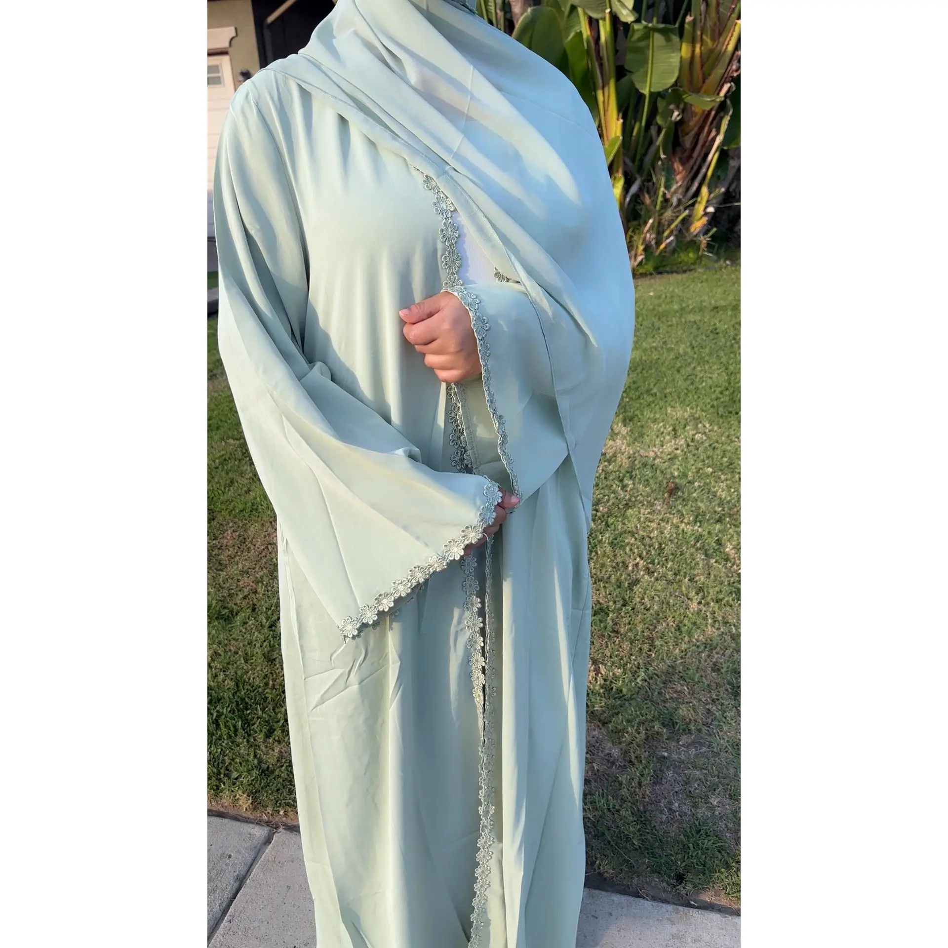 Women's Sage Light Green Nida Open Abaya with Inner Dress & Floral Lace Trim