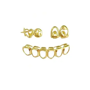 1 Set Hollow Heart Star Shaped 14K Gold Plated Hip Hop Teeth Decorations For Women Party Nightclub Accessory Includes Tooth Retainer Oral Jewelry