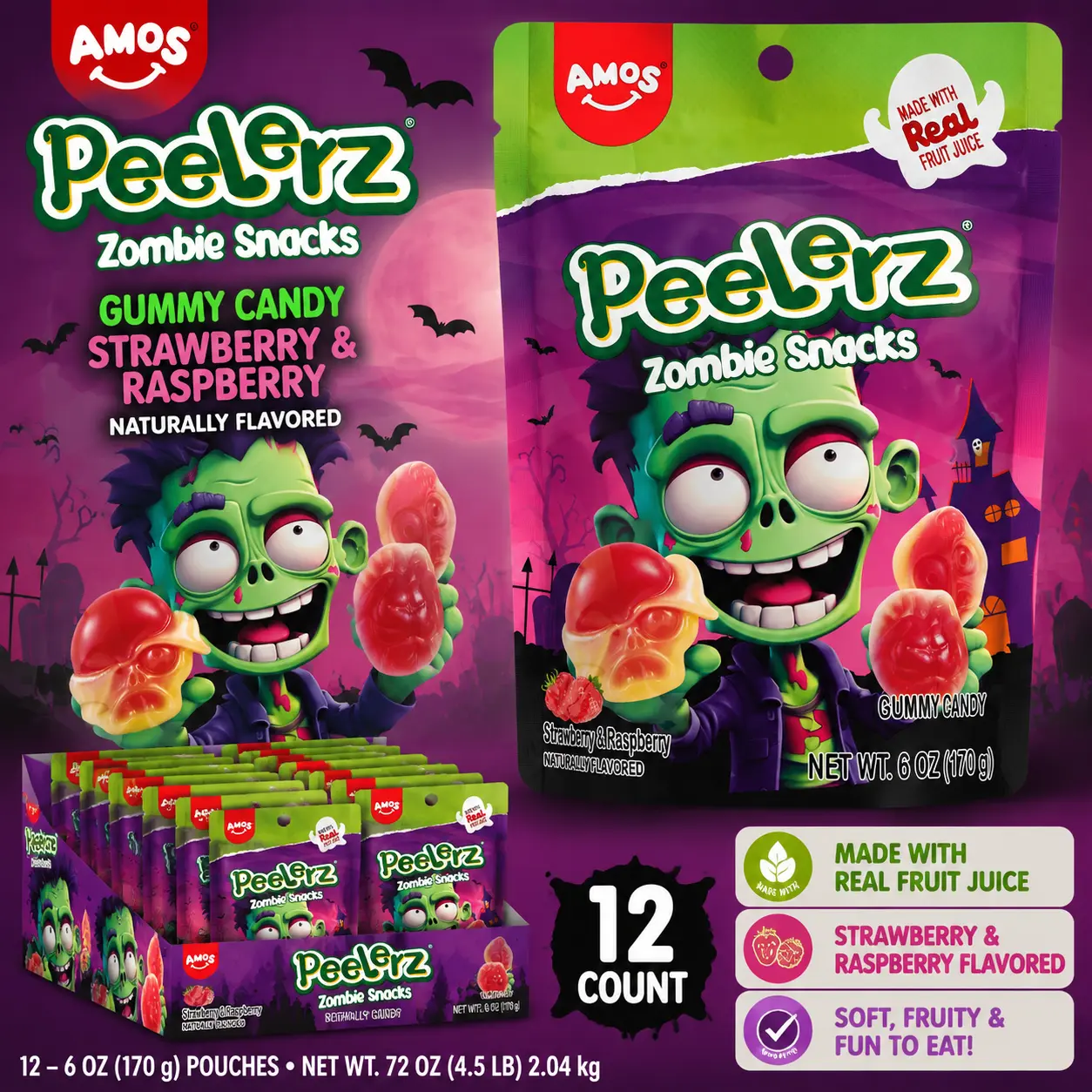 Amos Halloween Peelerz Gummy Zombie Snacks 6 oz 12 Count Peelable Halloween Gummy Candy