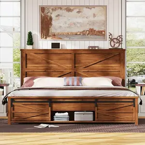 AMERLIFE 48.8" Farmhouse Wood Bed Frame with Sliding Barn Door Storage Cabinets and Headboard,Solid Wood Slats Support,No Squeak, No Box Spring Needed