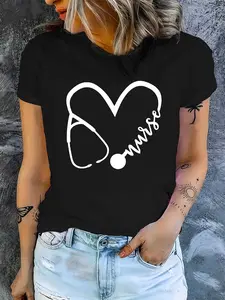 Plus Size - Plus Size - 1 Pack Plus-Size Women'S Casual Nurse T-Shirt with Heart-Shaped Stethoscope Print - And Blend, Round Neck, Short Sleeve, Machine Washable, Everyday Comfort Nurse Theme T-Shirt Machine Washable Shirt, Nurse Shirt