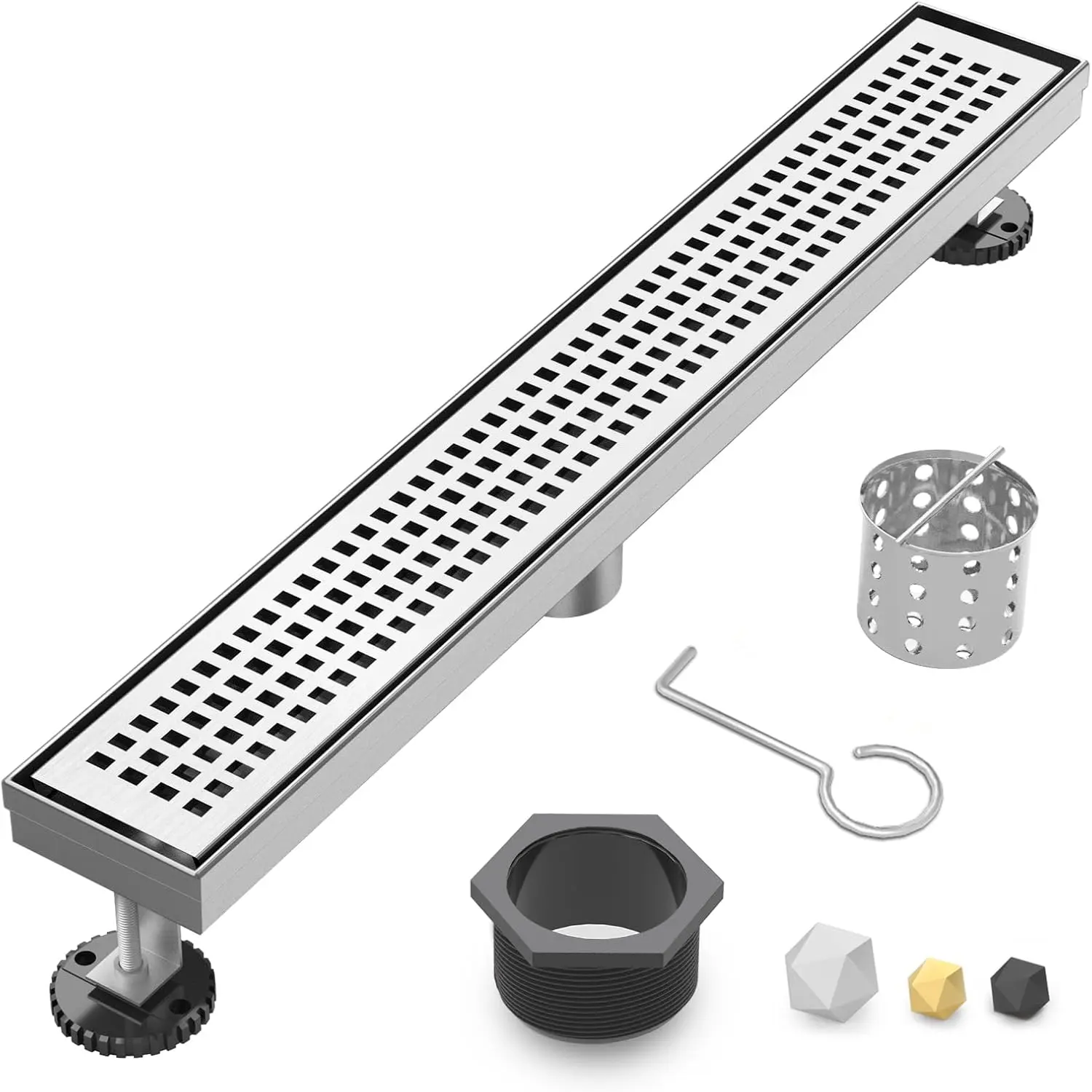 Linear Shower Drain | 28 Inch AISI 304 Stainless Steel Shower Drain, Brushed Nickel Linear Drain with Removable Quadrato Grate Cover & Adjustable , Rectangle Floor Drain, in Bathroom Balcony etc