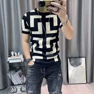 College outfits Y2K Summer Mens Slim Vintage Short Sleeve Knit T Shirt Striped Print O Collared Graphic T Shirts For Men Camiseta Masculina