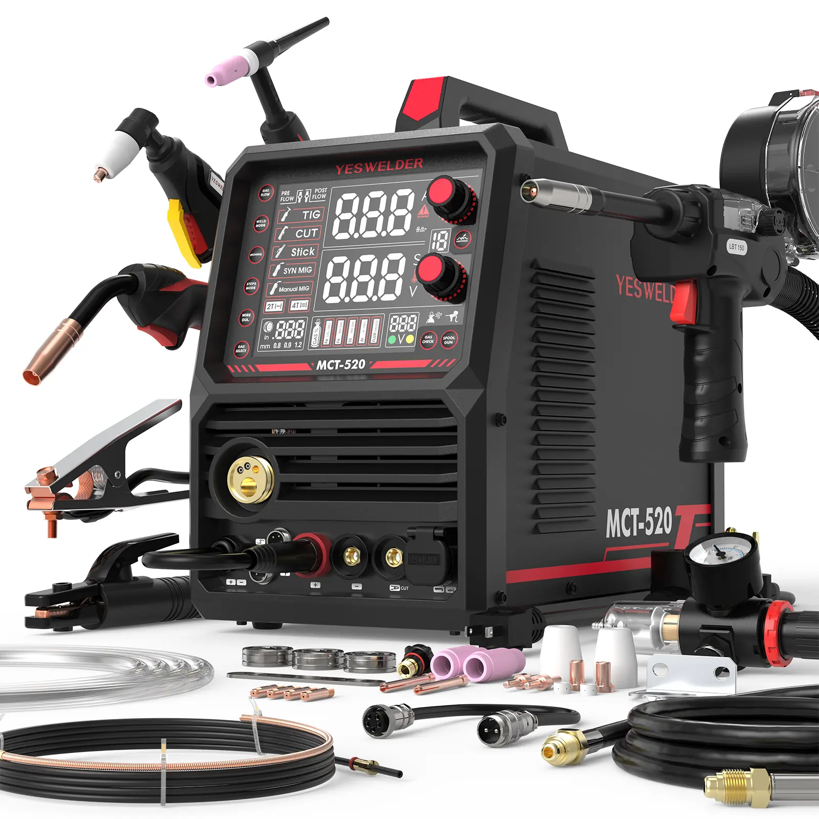 YESWELDER MCT-520&Spool Gun 110/220V   Dual  Voltage  Welder & Plasma Cutter Combo | MIG/Flux Core/HF CUT/HF TIG/Stick/Aluminum Spool Gun 6-In-1 Welding Machine | 200A MIG TIG MMA & 50A CUT