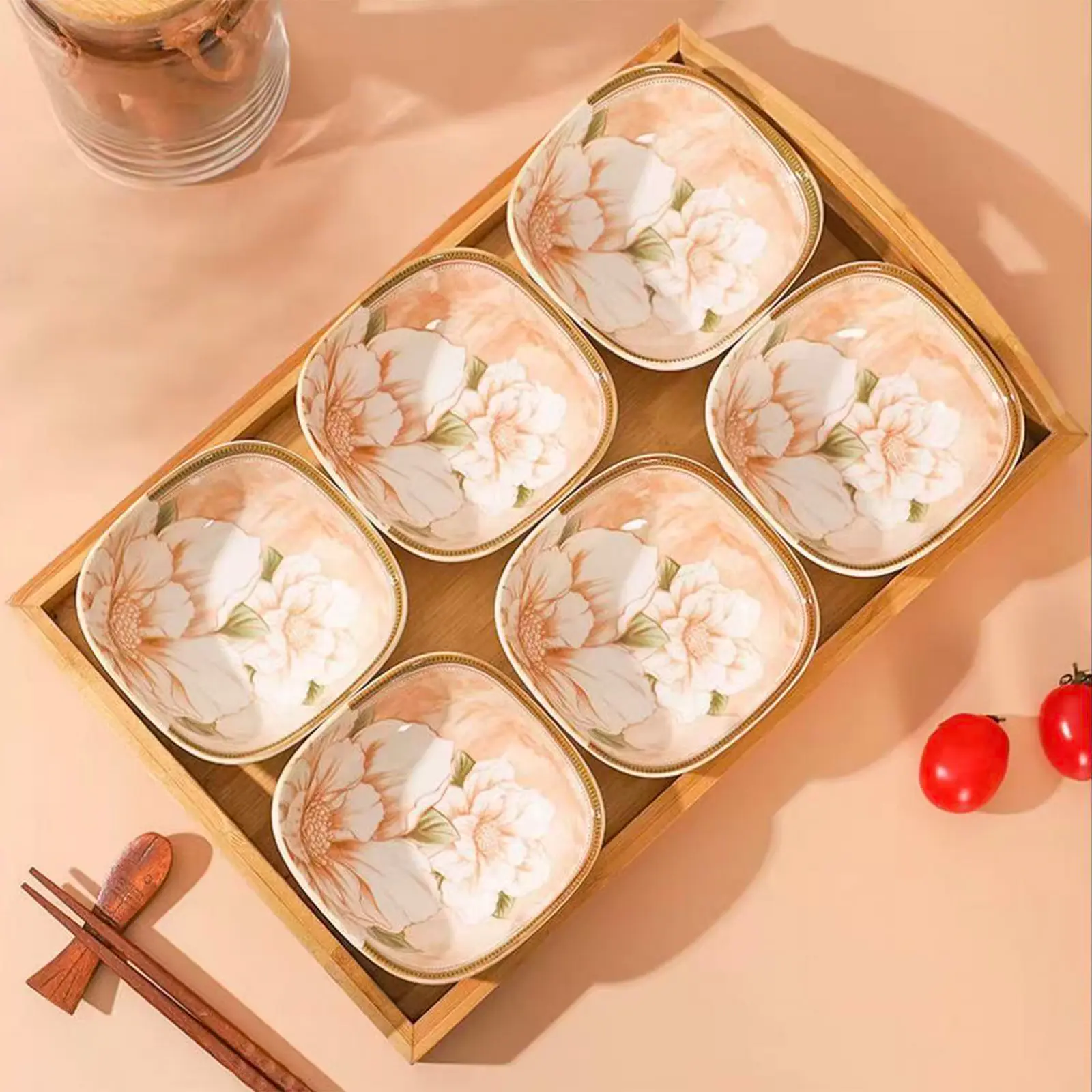 Adult 6-Piece Chinese-Inspired Ceramic Tableware Set - Stackable Printed Mini Flower Bowls, Dishwasher & Microwave Safe for Dessert-Salad Use