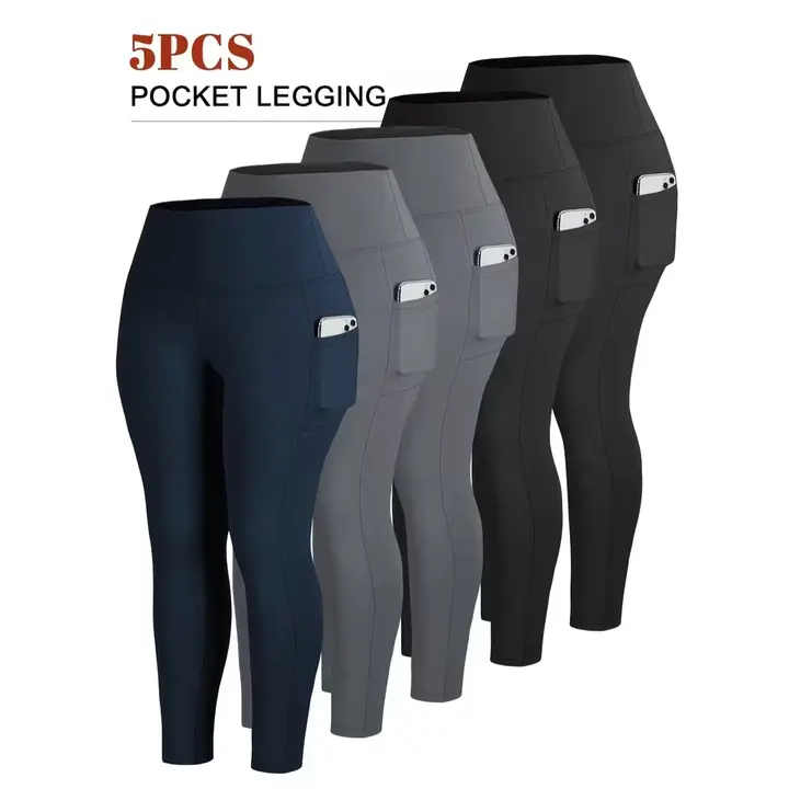 Women's 5-Pack High Waist Leggings with Pockets, Tummy Control Plus Size Activewear, Ultra-Stretch Yoga Pants for Gym & Running, Gym Running Wear, Activewear Pants, Athletic Trousers, Fitness Training Tights, Gym Sportswear Bottoms
