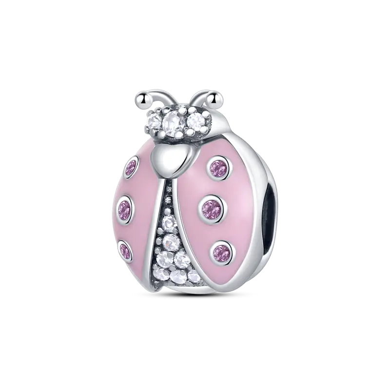 MULA Pink Ladybug Lucky Beads Animal Pendant - Silver-Plated, Zircon-Embellished Daily Wear Costume Jewelry, Compatible with All Branded Bracelets & Necklaces, Teen Girl Gifts