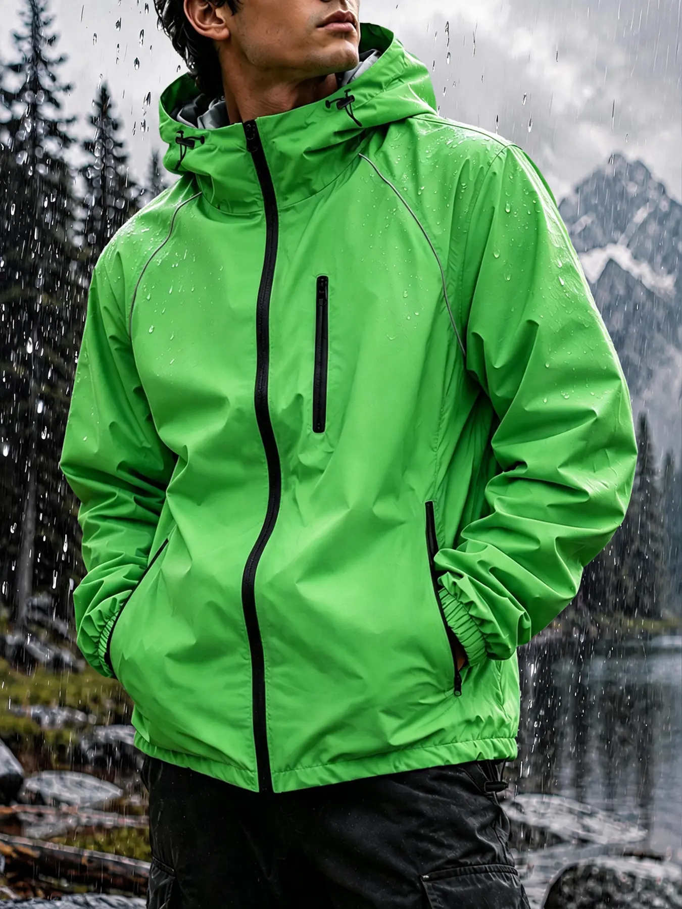 Men’s Packable Hooded Rain Jacket - Menswear Sportswear Athletic Plain Long Sleeve, Lightweight Foldable Portable Windbreaker with Reflective Strips, Waterproof Zip-Up Coat for Outdoor Hiking, Travel, Activewear, Stylish