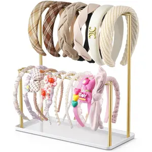 Headband Holder Organizer Metal 2-Tier with Tray: Hair Accessories Display Stand Storage Hairband Rack Necklace Stand Home Bedroom for Girls Women, Gold