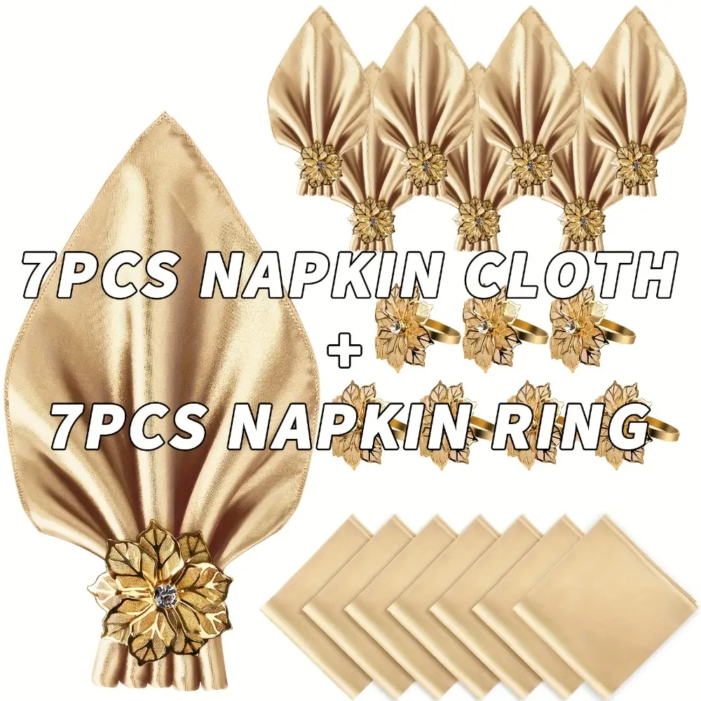 14pcs elegant satin napkin and napkin ring set-7pcs satin napkin, 7pcs napkin ring is suitable for weddings, festivals and special occasions-smooth fabrics, holiday tableware, Decorative napkins, Party Napkins, Wedding Cocktail Napkins, Kitchenware Home