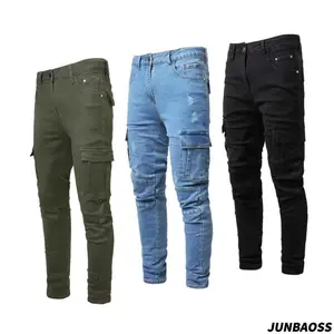 Men’s slim-fit stretch jeans with a multi-bag design (1,3), featuring a deformed straight-leg cut, tight denim fabric, an elastic waistband, and a classic five-pocket configuration—ideal for casual streetwear. GARMENTARY