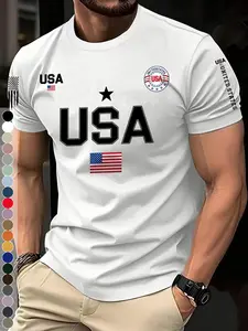 Men's Usa Print Casual T-Shirt, Embossed Usa Letters & American Flag Print, Stretchy Soft Breathable Moisture-Wicking Round Neck Top, Menswear