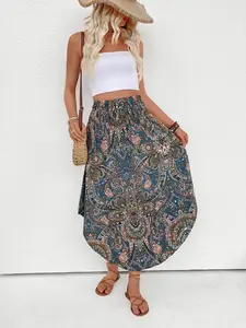 Boho Style Bohemian Blue Mandala Print Asymmetrical Midi Skirt, Casual Fitted Fall Fashion, Unique Patterned Women's Clothing, Womenswear