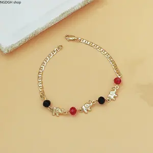 Gold Elephant Charm Bracelet - Animal-Themed Figaro Chain with Red & Black Synthetic Beads, Dainty Lucky Design, Hypoallergenic Sports & Outdoor Accessory for Daily Wear & Gifting