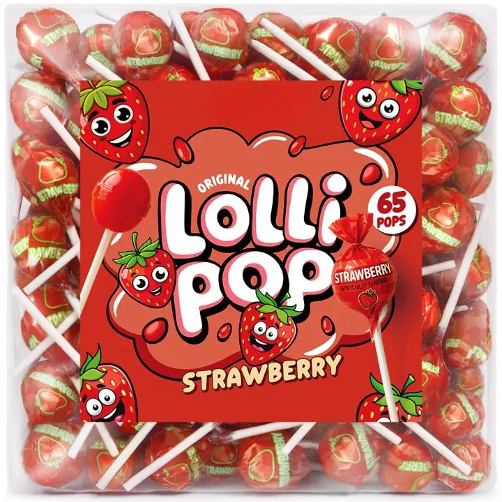 Strawberry Lollipops - 65 Count Individually Wrapped Suckers, Sweet Bulk Pack Candy - Ideal for Kids' Party Treats, Birthday Favors