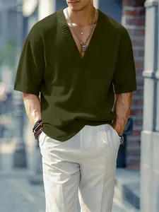 INCERUN Men's Simple Striped Knit Solid Color 5-Finger Sleeve T-Shirt, Plain Summer Daily Wear, Casual Fashion, Comfortable and Stylish