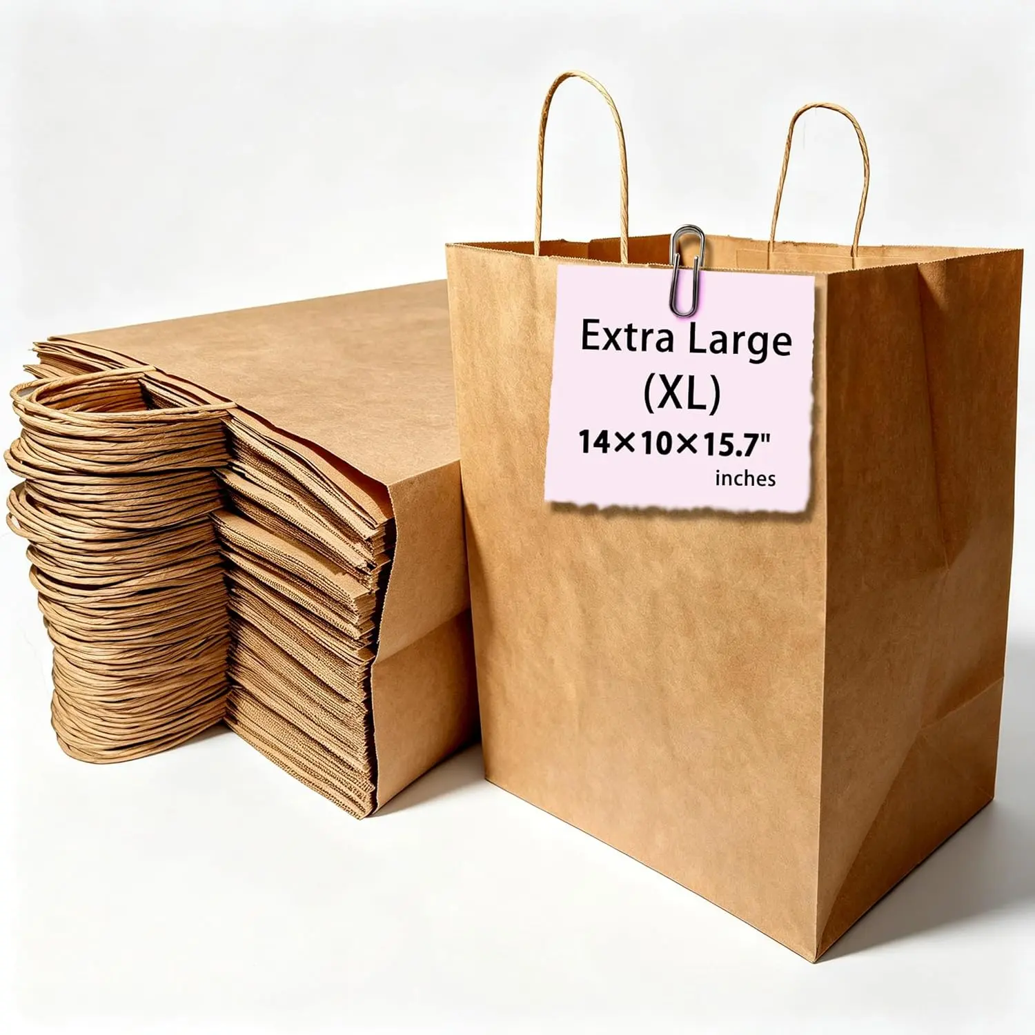 Extra Large Brown Paper Bags with Handles 14x10x15.75 Wide Bottom, 50 Pack Heavy Duty Brown Kraft Paper Bags for Takeout, Food Service, Shopping & Gift Packaging