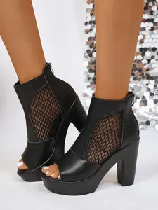 Summer New Women's High Heel Patchwork Sandals, Zipper Light Comfortable Toe-Open Fish Mouth Thick Sole Anti-Slip Party Commute Fashion