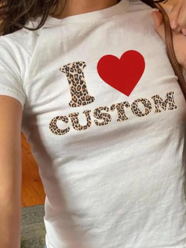 I Love Custom Leopard Baby Tee, I Heart Custom Shirt, Personalized Text Baby Tee, Personalized Y2K T-Shirt, Custom 90s , Trendy Y2K Clothing