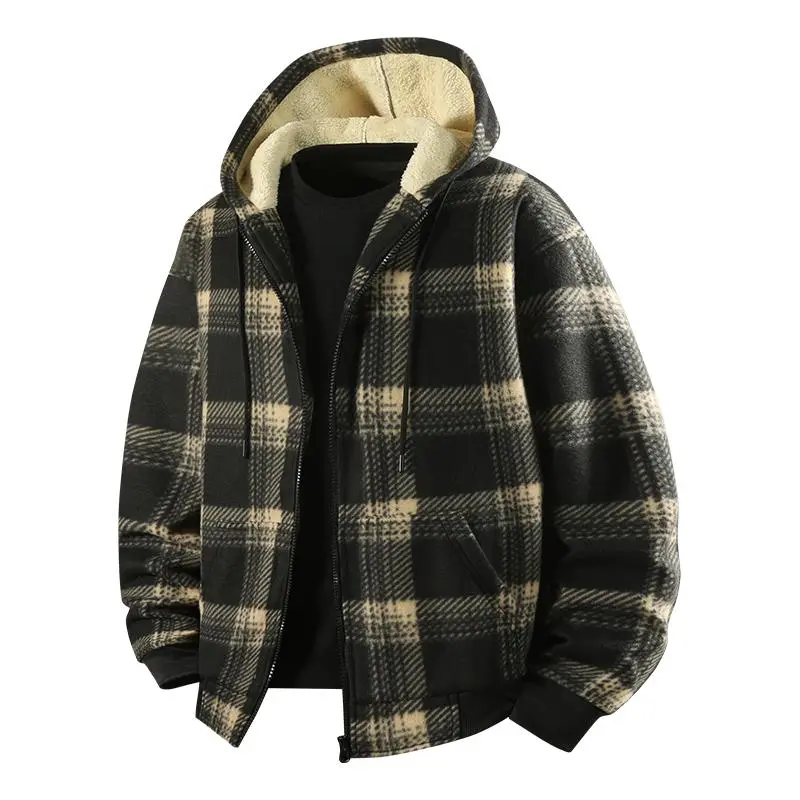 Men's Winter Warm Hooded Cashmere-Lined Jacket, Menswear Tops, Fitted Traditional Fit, Polyester, Zipper Closure, Houndstooth Pattern, Machine Washable, Cold Weather Casual Wear
