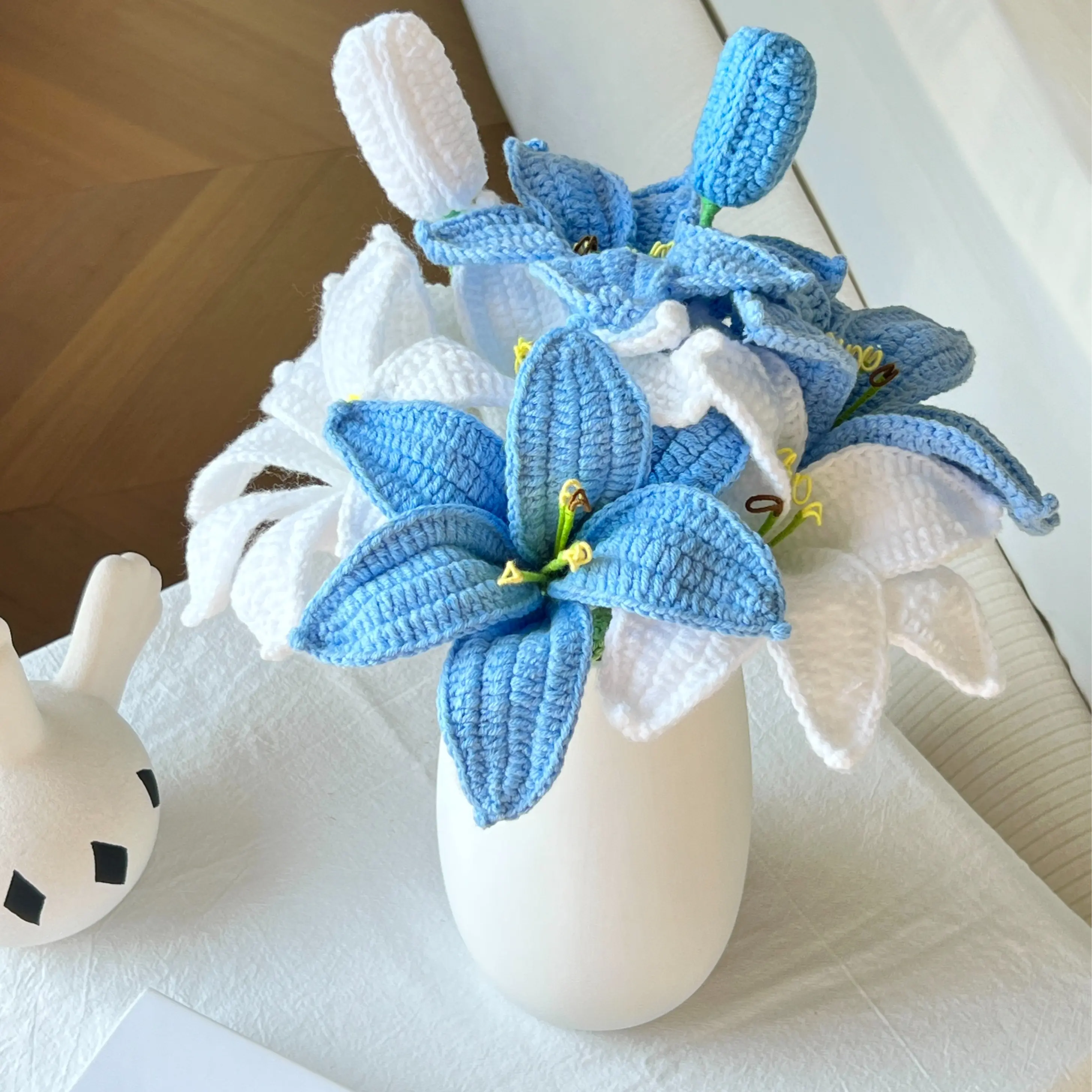 Loop & Bloom Handmade Knitted Eco-Friendly Cotton Yarn Crochet Mixed Blooms Bouquet - Lily, Tulip, Blue Everlasting Flowers, No Vase, Mom Anniversary Gifts, Home Indoor Floral Decor