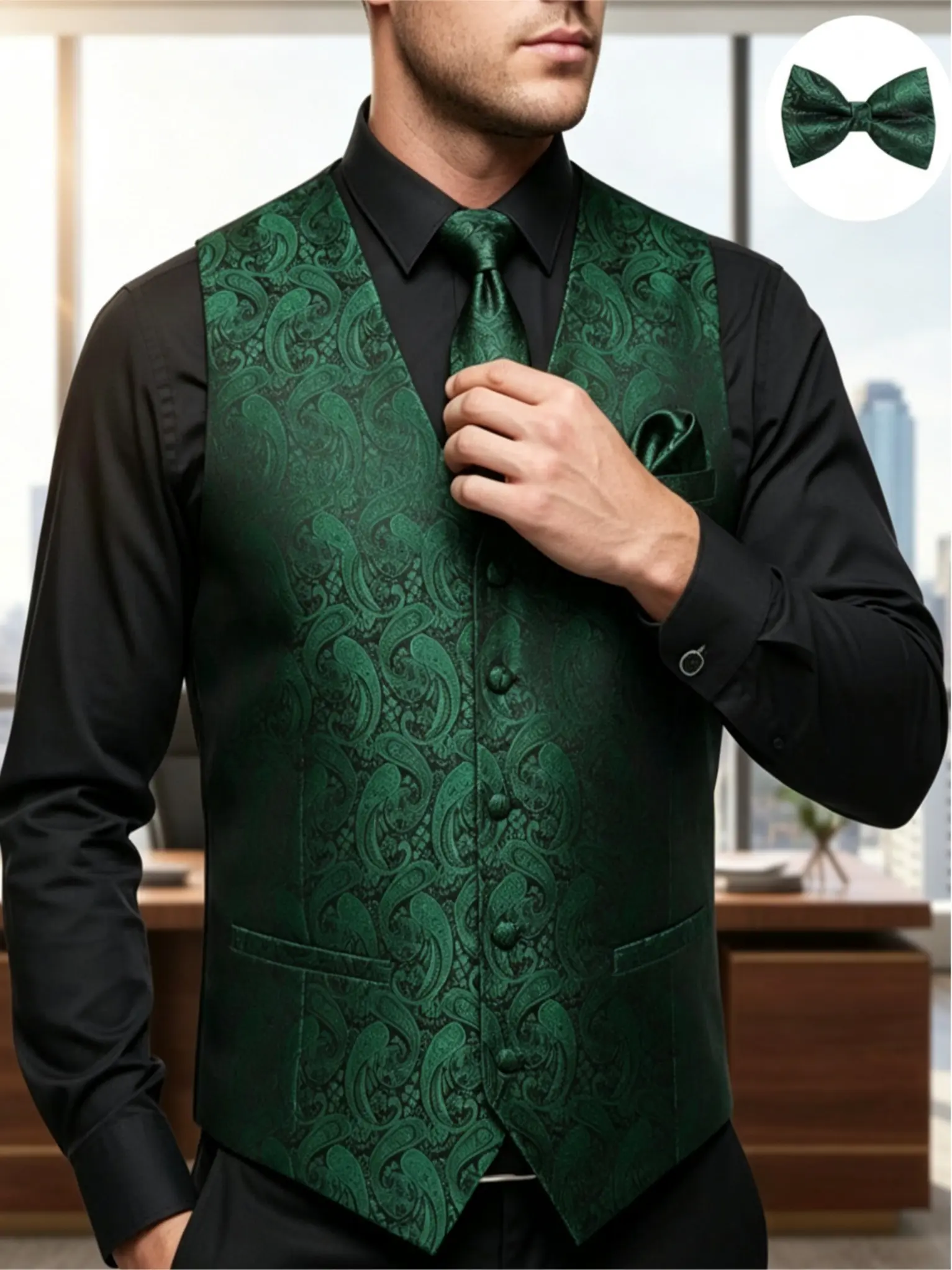 ALIZEAL Men's 5-Piece Sleeveless Paisley Jacquard Button-Down Waistcoat Set - Classic Formal V-Neck Tuxedo Vest with Matching Pocket, Tie, Textured Fabric for Wedding, Prom Nights, Menswear, Suit