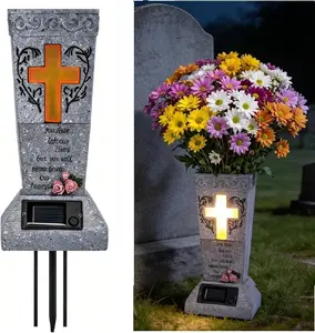 Solar Grave Vase, Cemetery Flower Holder with LED Cross Light, Waterproof Memorial Grave Decorations for Loved Ones