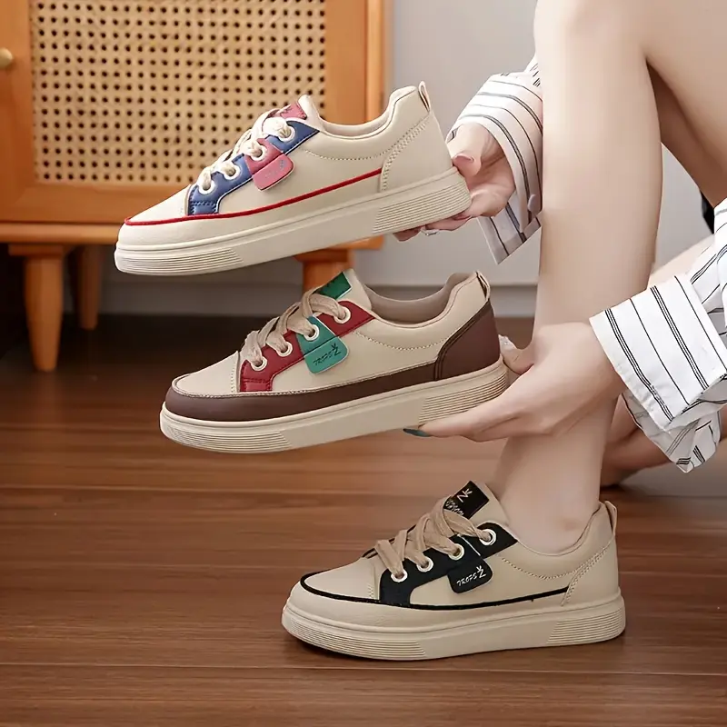 Women's Fashion Skate Shoes - Beige, Blue & Red Patchwork Design, Lace-Up Low Tops with Rubber Sole, Comfortable All-Season Casual Sneakers Running Girl